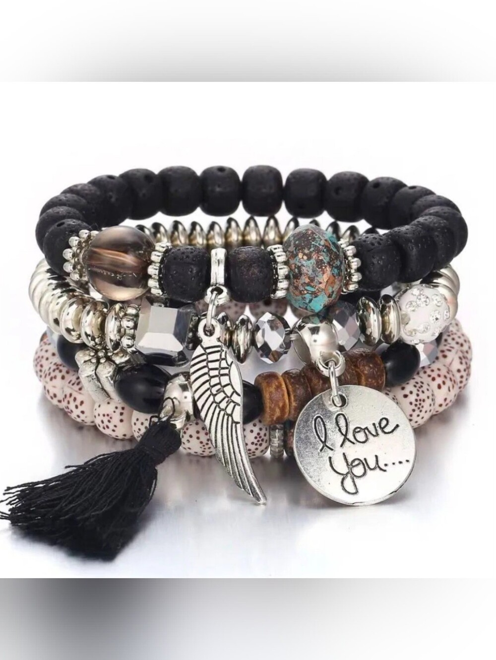 Beaded Bracelet Set Tassel Charms 4 Stretch Bracelet Set Black